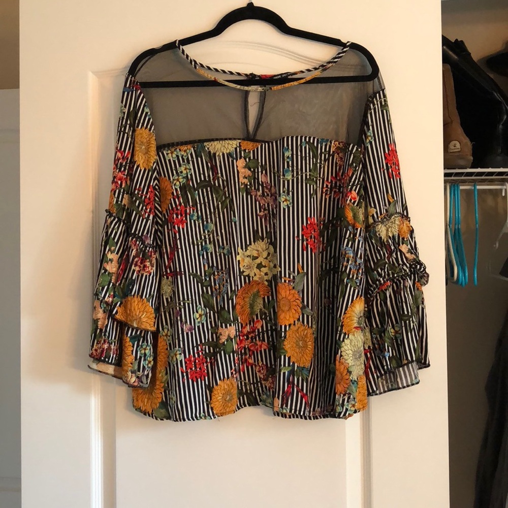 Floral striped blouse with mesh detailing